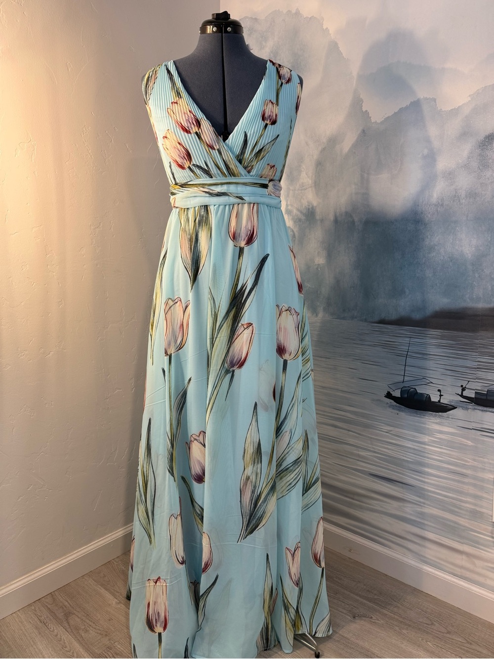 Sky Blue Floral Wrap Maxi Dress #214